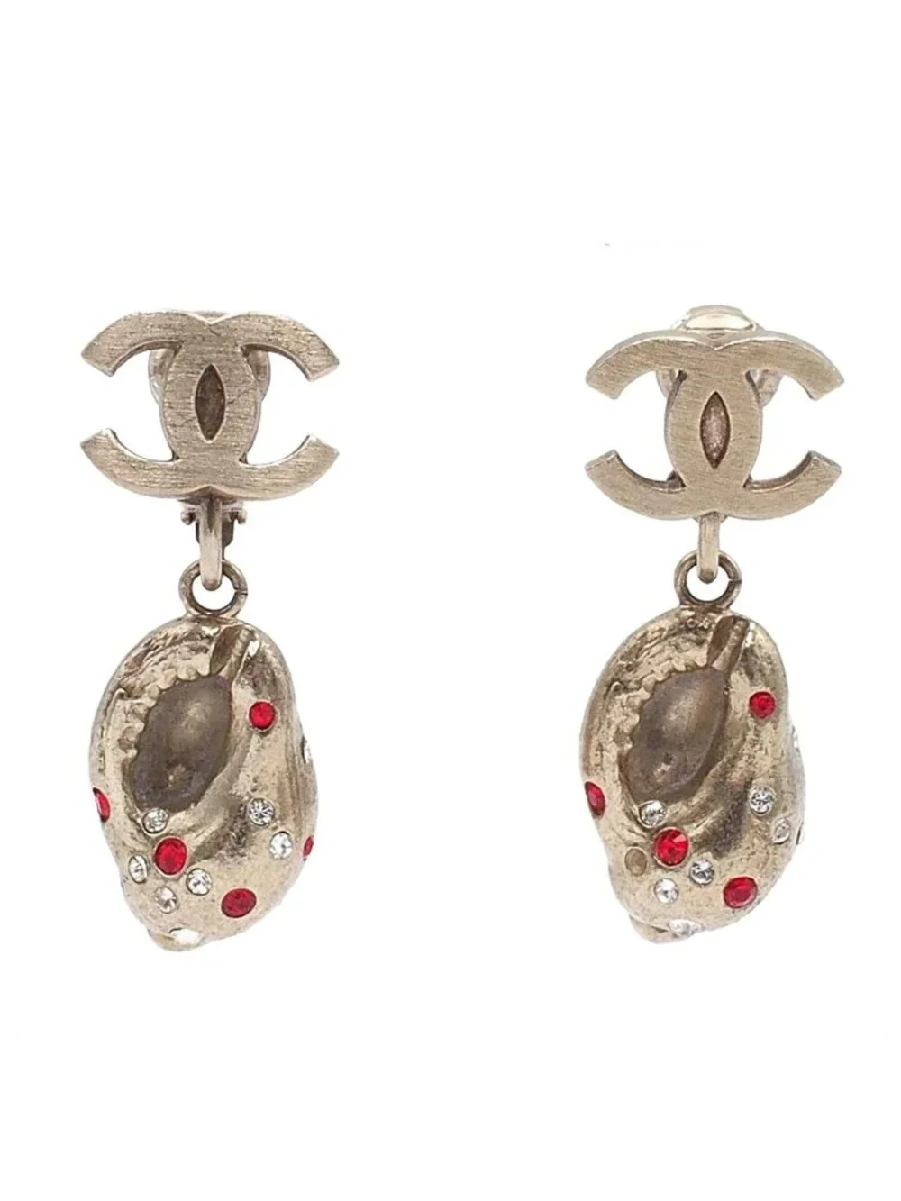Chanel Earrings Light Gold Metal CC Logo Rhinestone Seashell Costume 05c